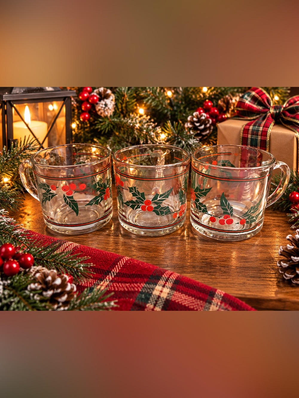 Vintage Christmas KIG Holly Berry Glass Mugs Set of 3 Indonesia